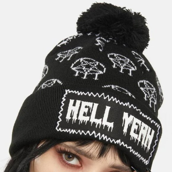 Too Fast Accessories - TOO FAST Hell Yeah Pentagram Pom Pom Beanie Winter Hat NWT